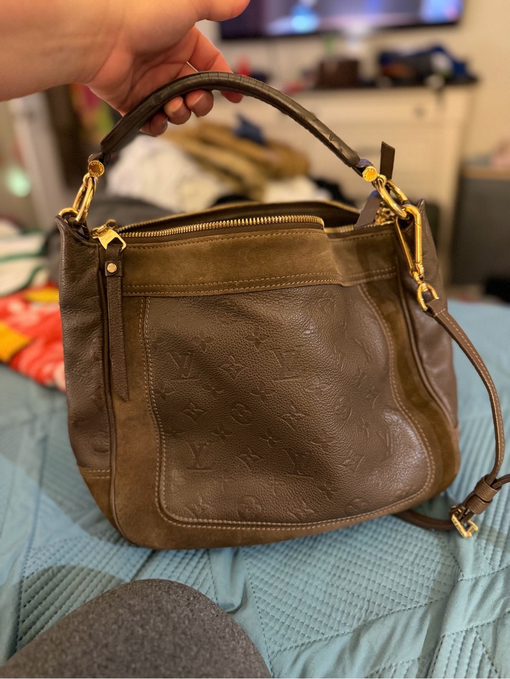 Louis Vuitton Dark Brown Suede & Leather Shoulder Bag with Gold Hardware